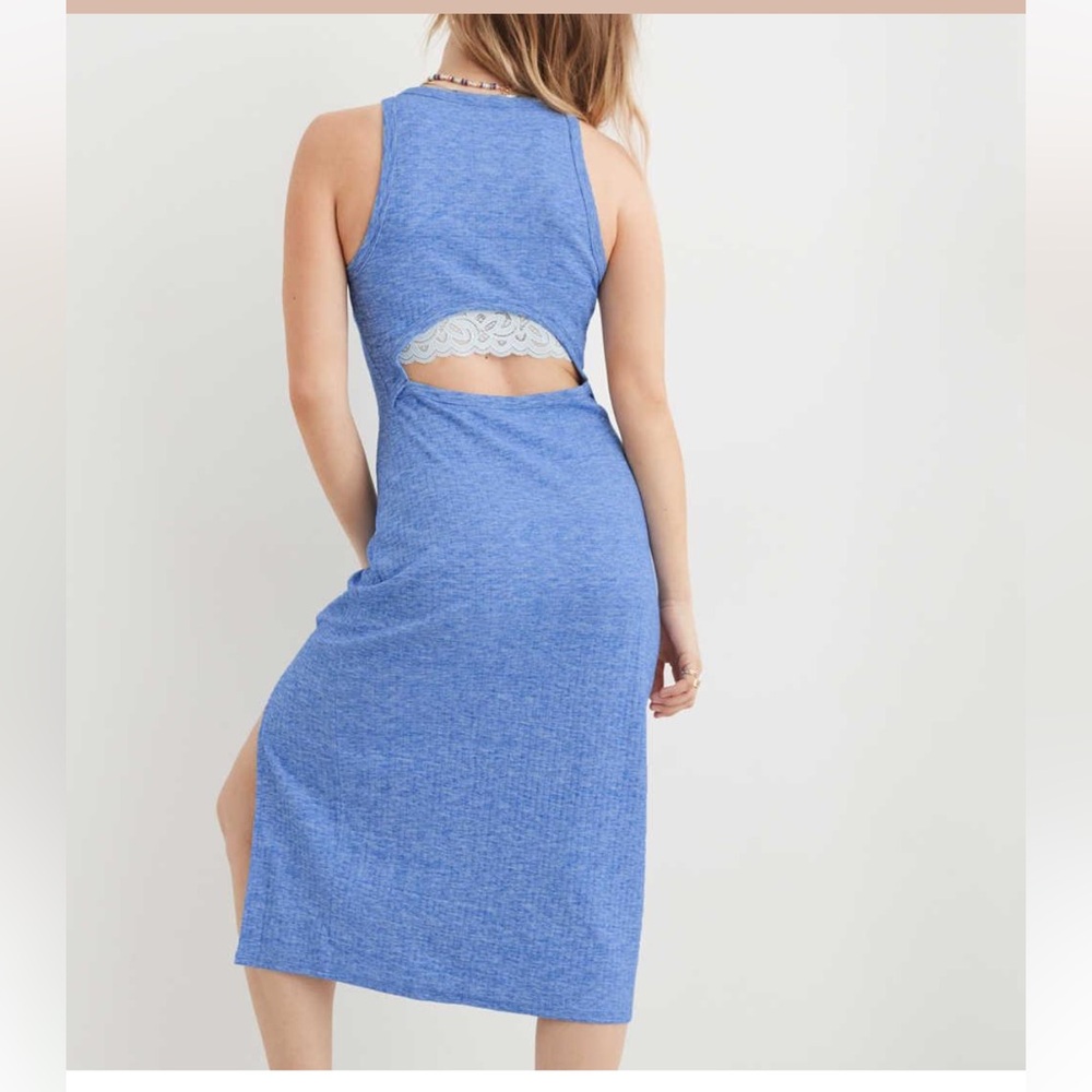 AERIE blue open back midi dress blue heaven ribbed sleeveless soft lounge